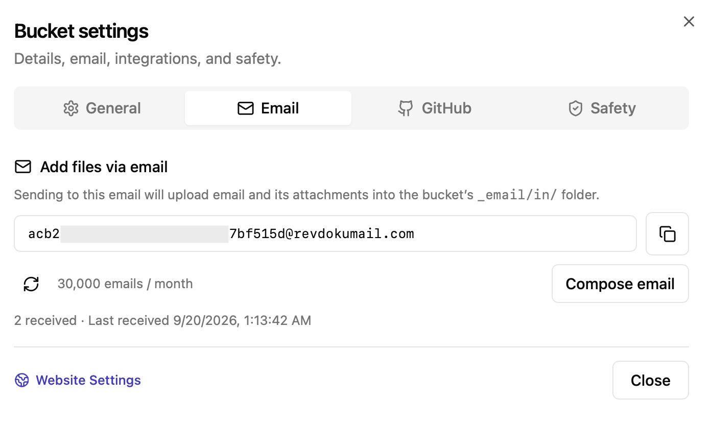 Bucket incoming email settings