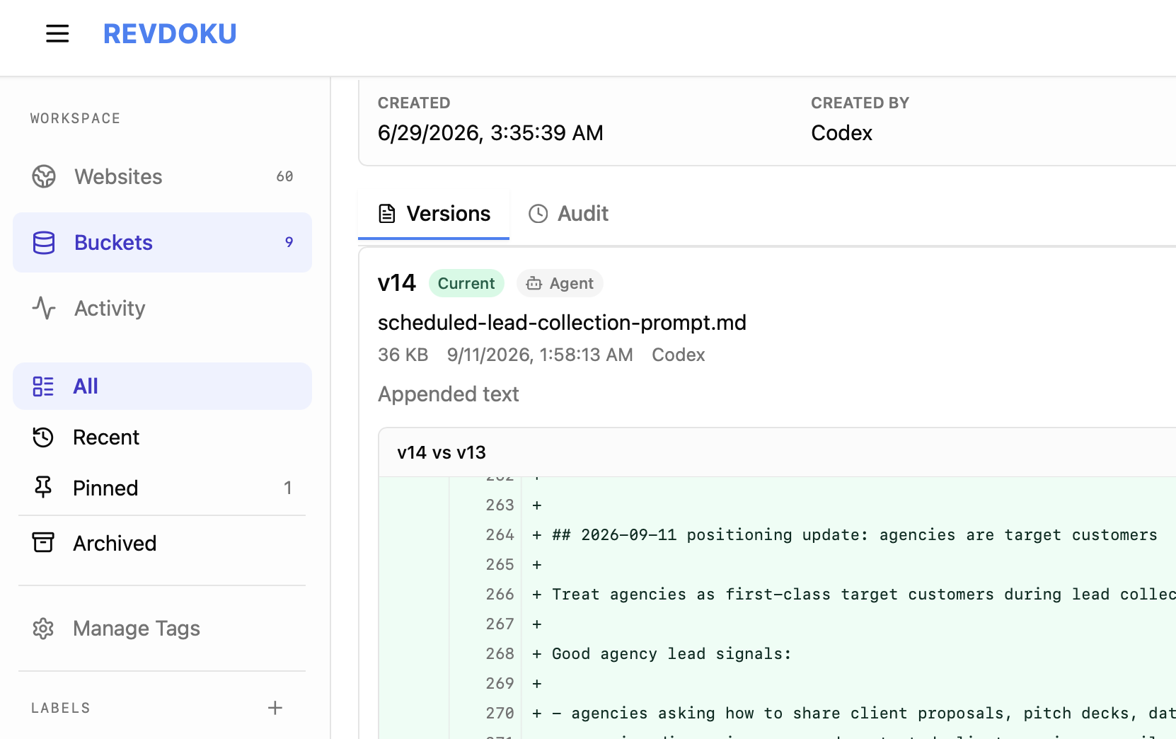Comparison of file versions 14 and 13 with the text added by Codex highlighted in green