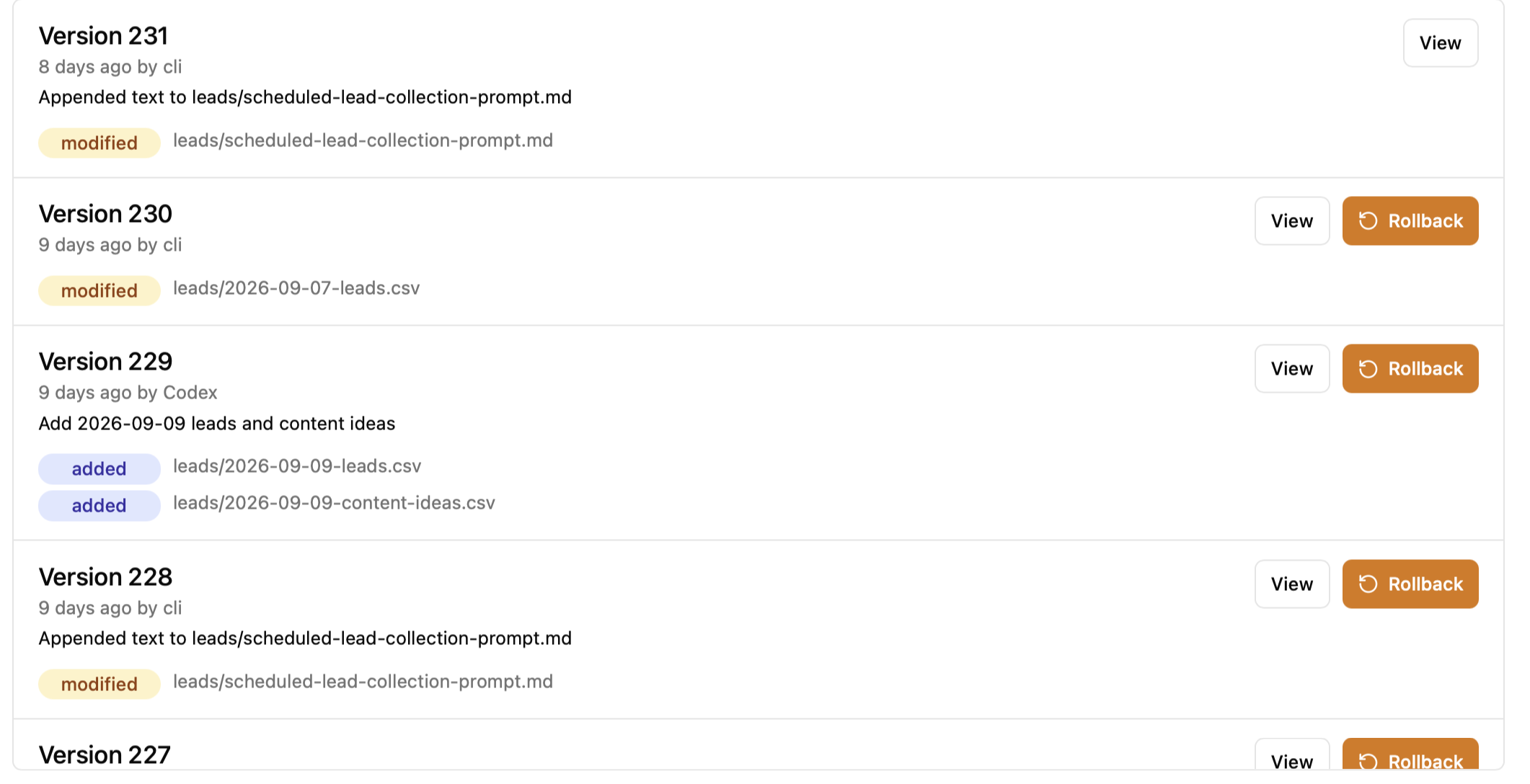 Bucket version history showing CLI and Codex updates, modified files, change notes, and rollback controls