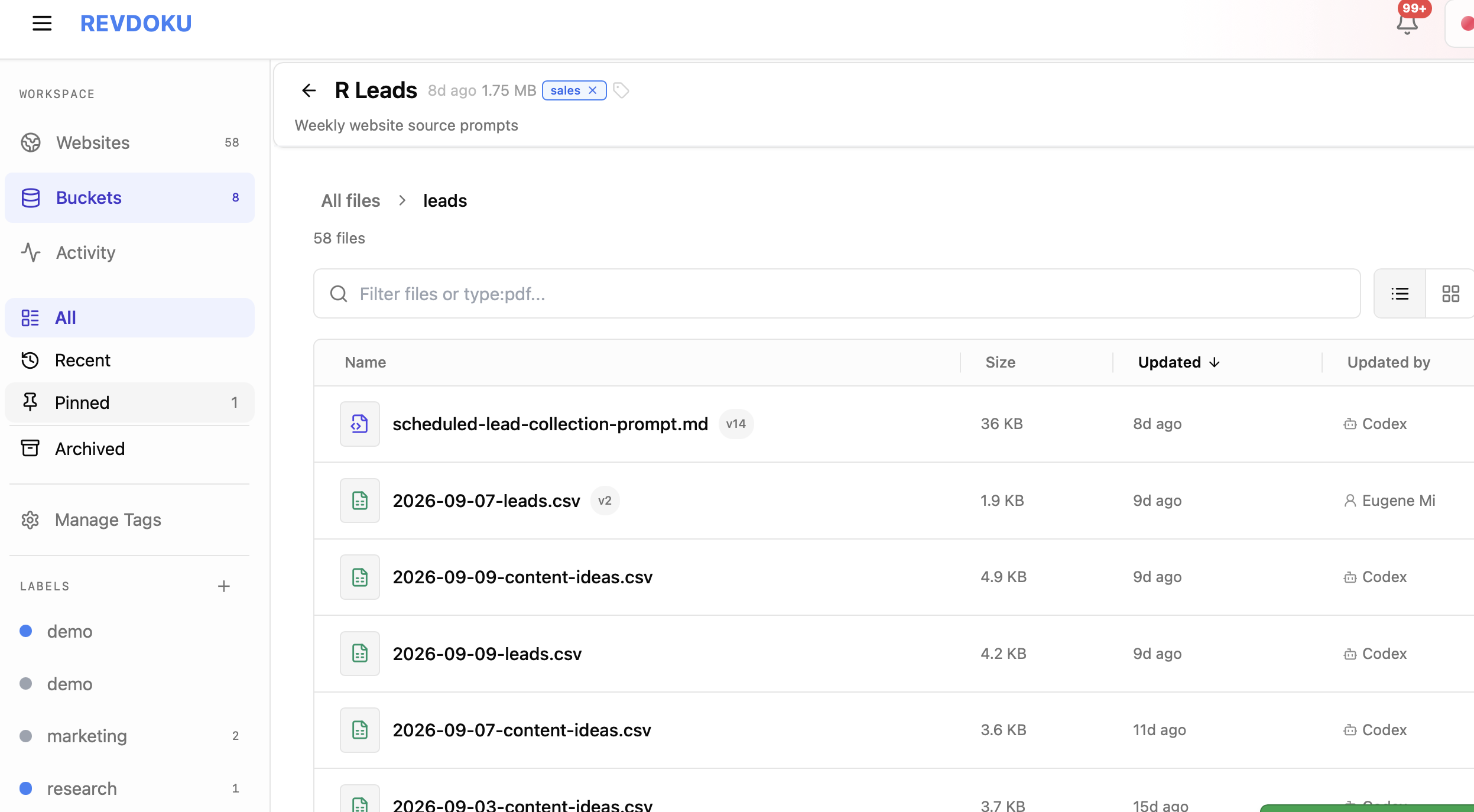 Private Revdoku bucket with lead CSV files, a Markdown prompt, version numbers, and the agent behind each update