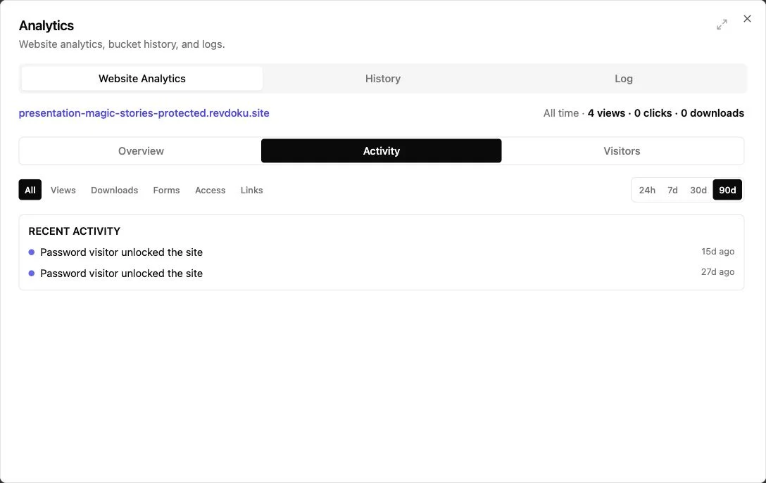 Revdoku analytics activity log for a protected website