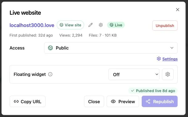 Revdoku live website settings with access and floating widget controls