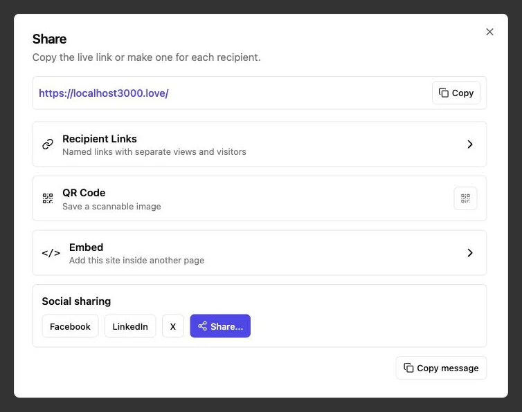 Revdoku share dialog for copying a protected live link