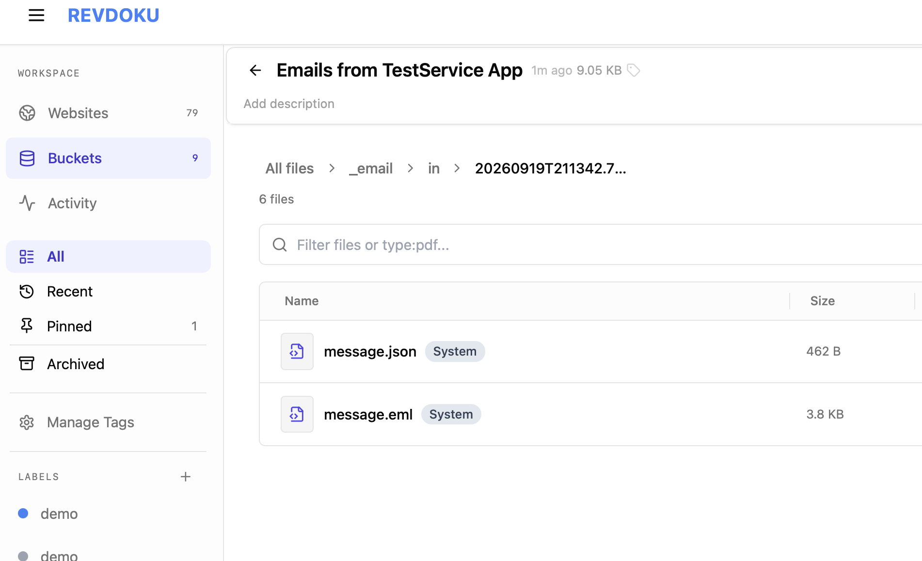 An incoming TestService email saved in the bucket’s email folder