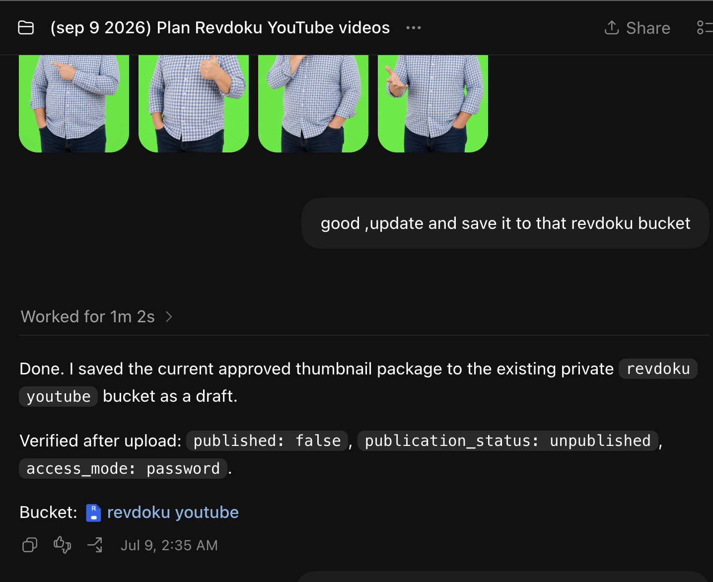 Codex confirms that the approved thumbnail package was saved in a private Revdoku bucket