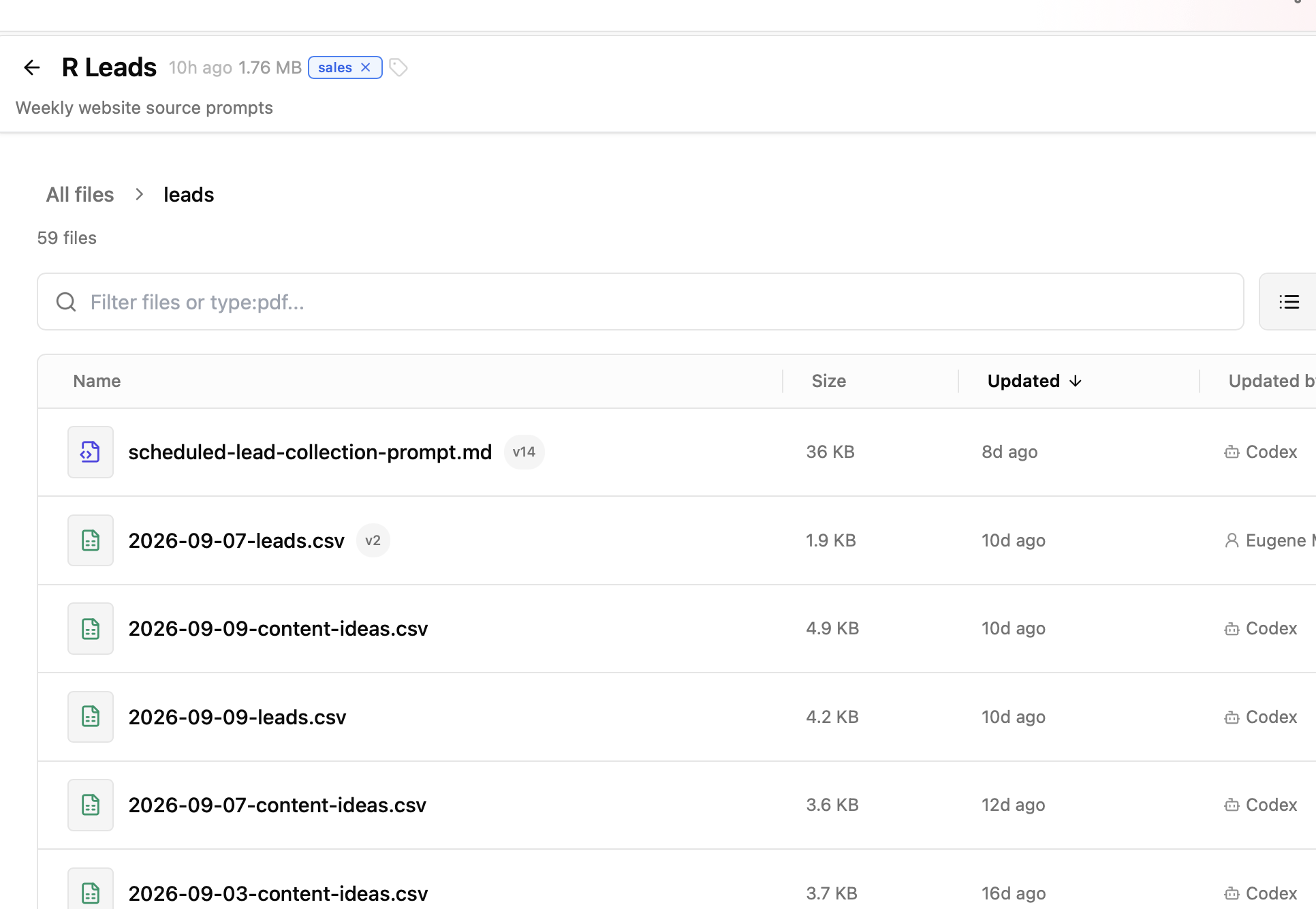 Research bucket containing lead CSVs and a versioned collection prompt, with the agent or user behind each update