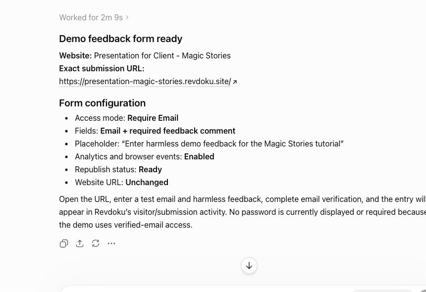 ChatGPT confirms a Revdoku feedback form is ready on the live site