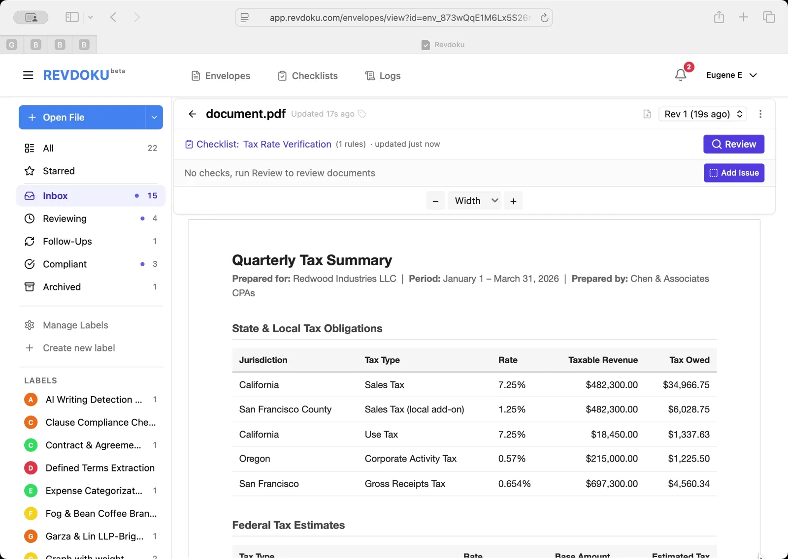 Verify Tax Rates in a Quarterly Tax Summary with Revdoku