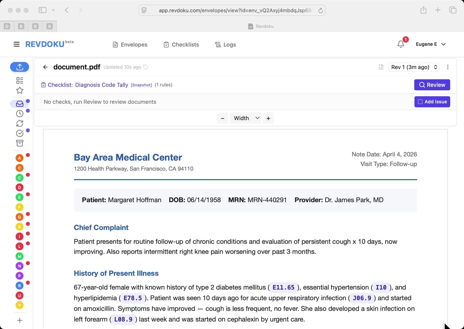 Tally ICD-10 Diagnosis Codes in a Clinical Note with Revdoku