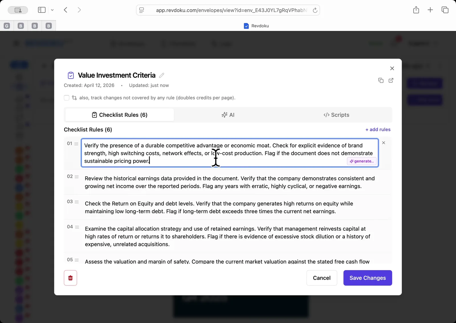 Review the generated Shareholder Letter Quality Checklist. Revdoku names the checklist Shareholder Letter Quality Checklist and produces 6 rules: (1) durable competitive moat — brand strength, switching costs, network effects, low-cost production; (2) consistent, growing historical earnings; (3) high Return on Equity with long-term debt under three times net earnings; (4) disciplined capital allocation and reinvestment of retained earnings; (5) valuation and margin of safety against free cash flow; and (6) a clear, understandable business model. Click Save Changes.