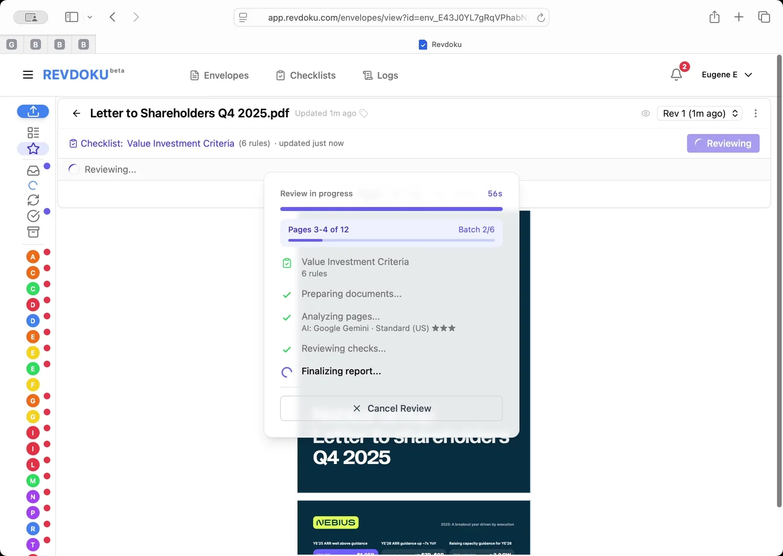 Run the review on the letter. Back in the Review Envelope dialog, pick Shareholder Letter Quality Checklist, confirm the AI model Google Gemini Standard US, and click Run Review. Revdoku batches the 12 pages into six batches and walks through Preparing, Analyzing, Reviewing, and Finalizing.