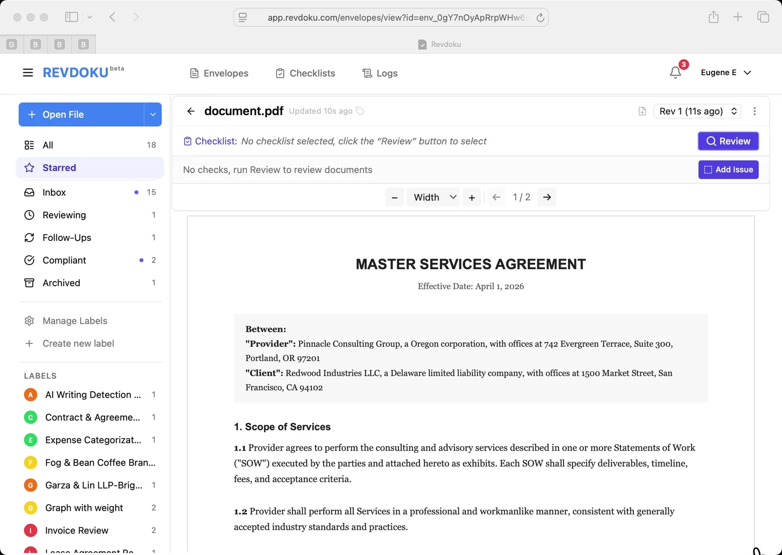 Check Clause Compliance in a Master Services Agreement with Revdoku
