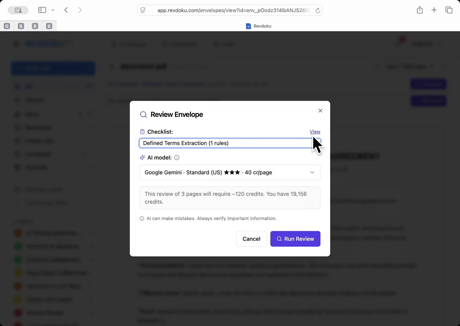 Pick the Defined Terms Extraction checklist. In the Review Envelope dialog, select Defined Terms Extraction (1 rules) from the Checklist dropdown. The dialog notes the 3-page review will use about 120 credits. Click Run Review.