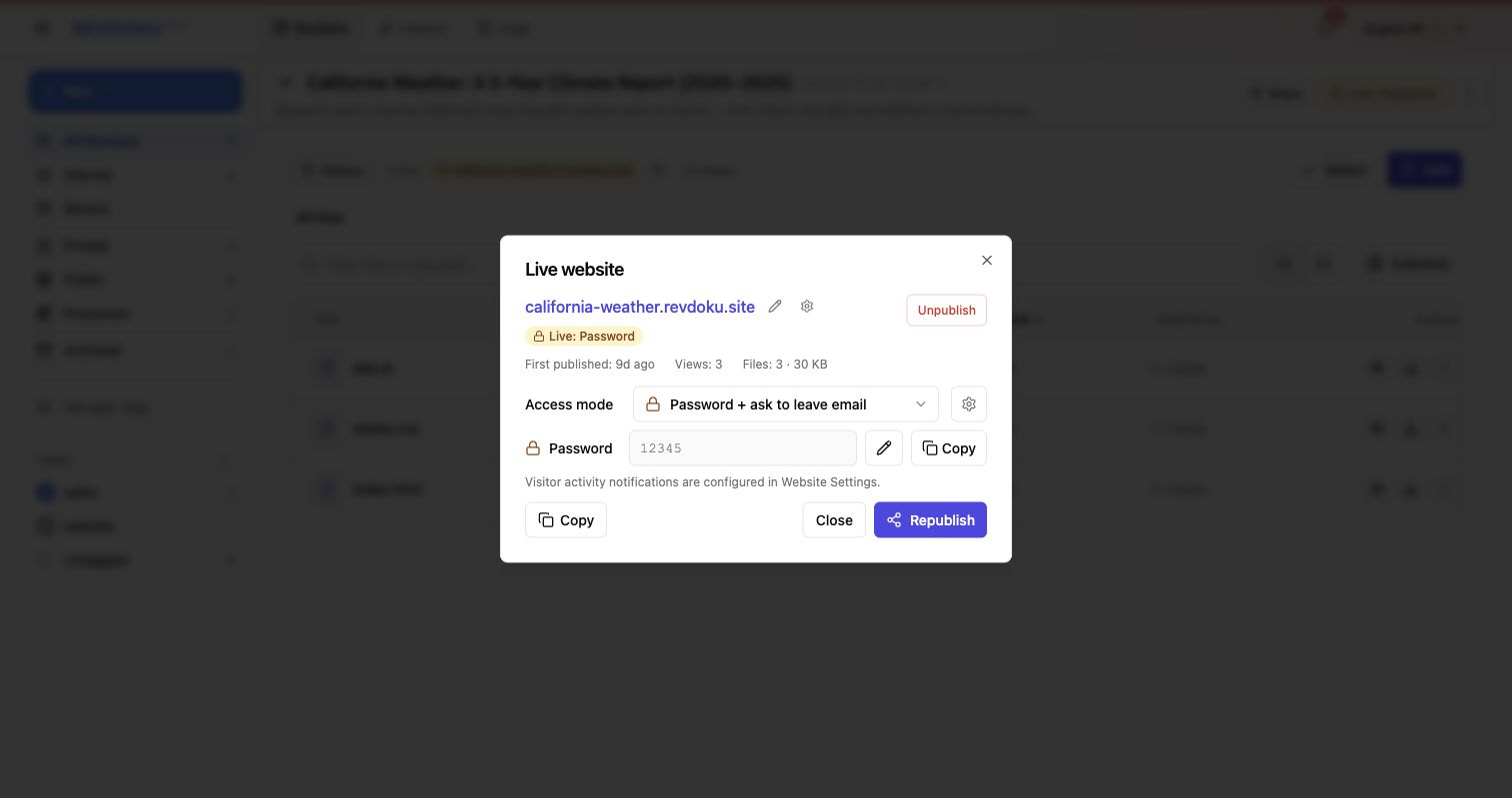 Password plus email mode in Revdoku publish settings