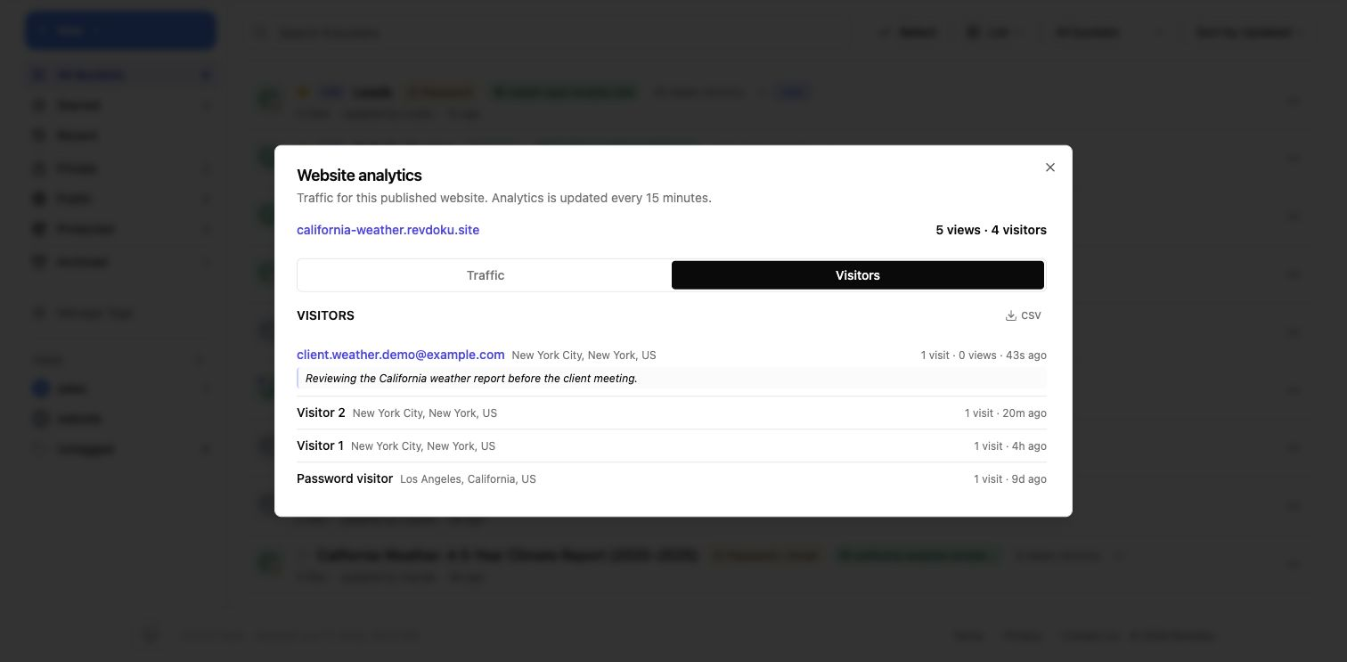 Captured visitor identity and comments in Revdoku analytics