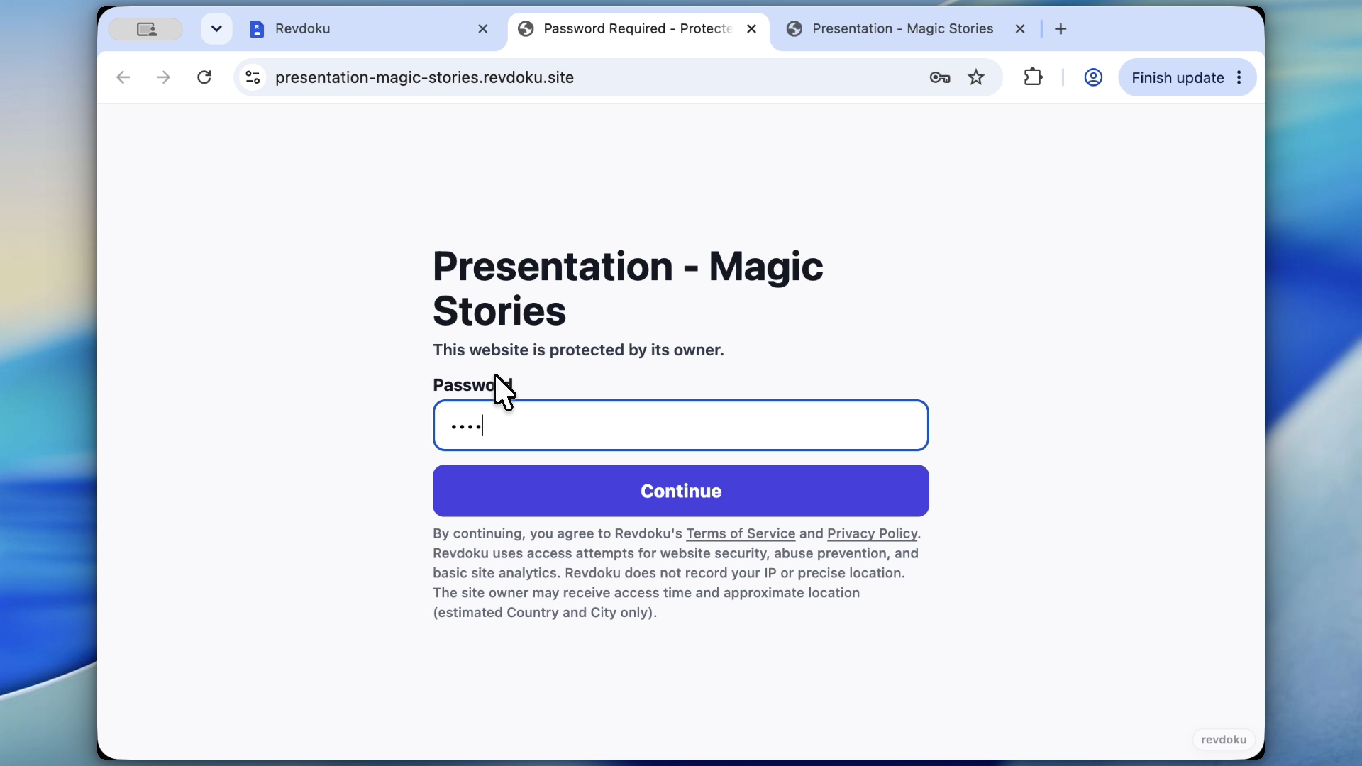 Password gate before a protected Revdoku proposal link opens