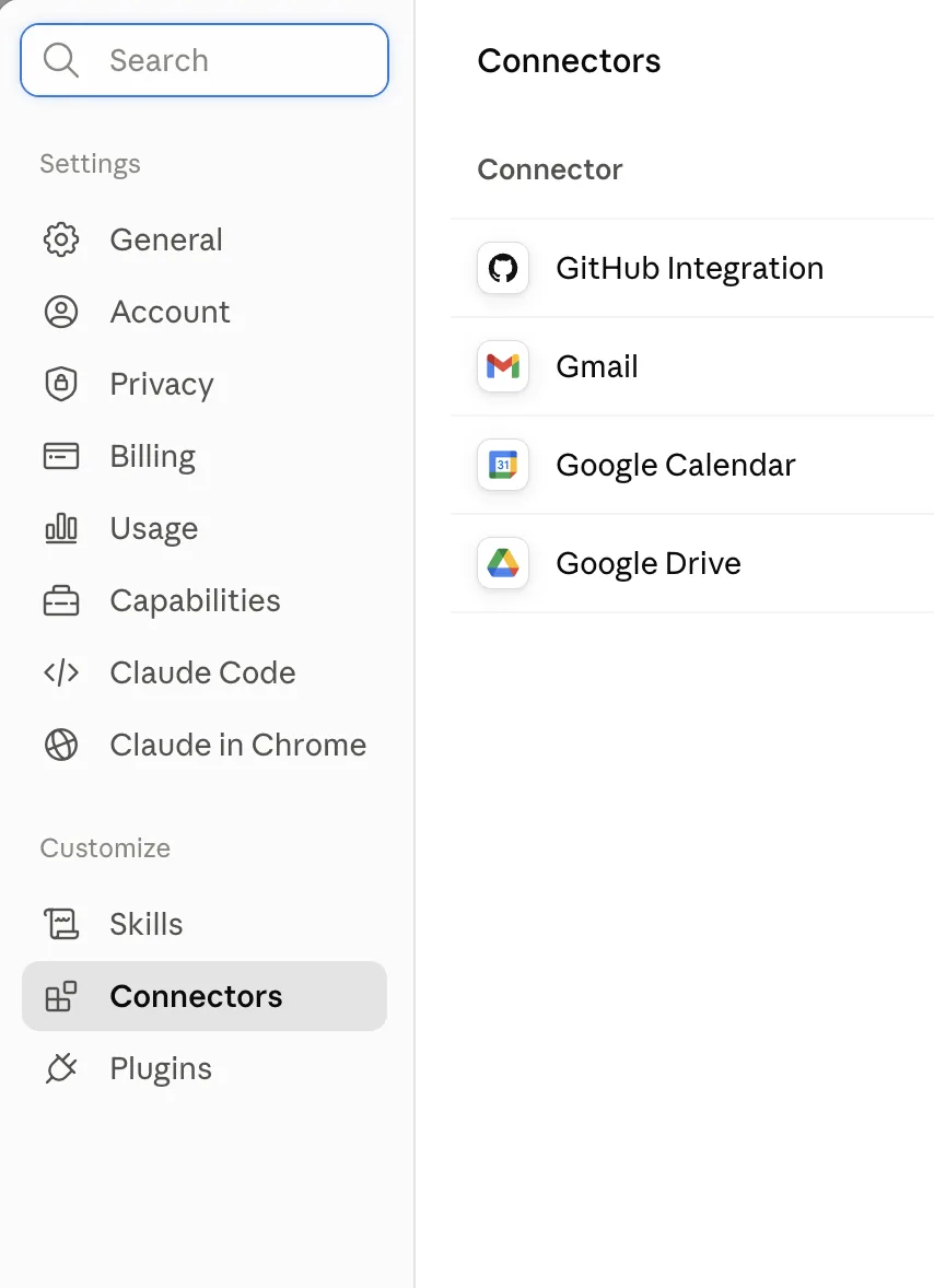 Connectors in Claude settings