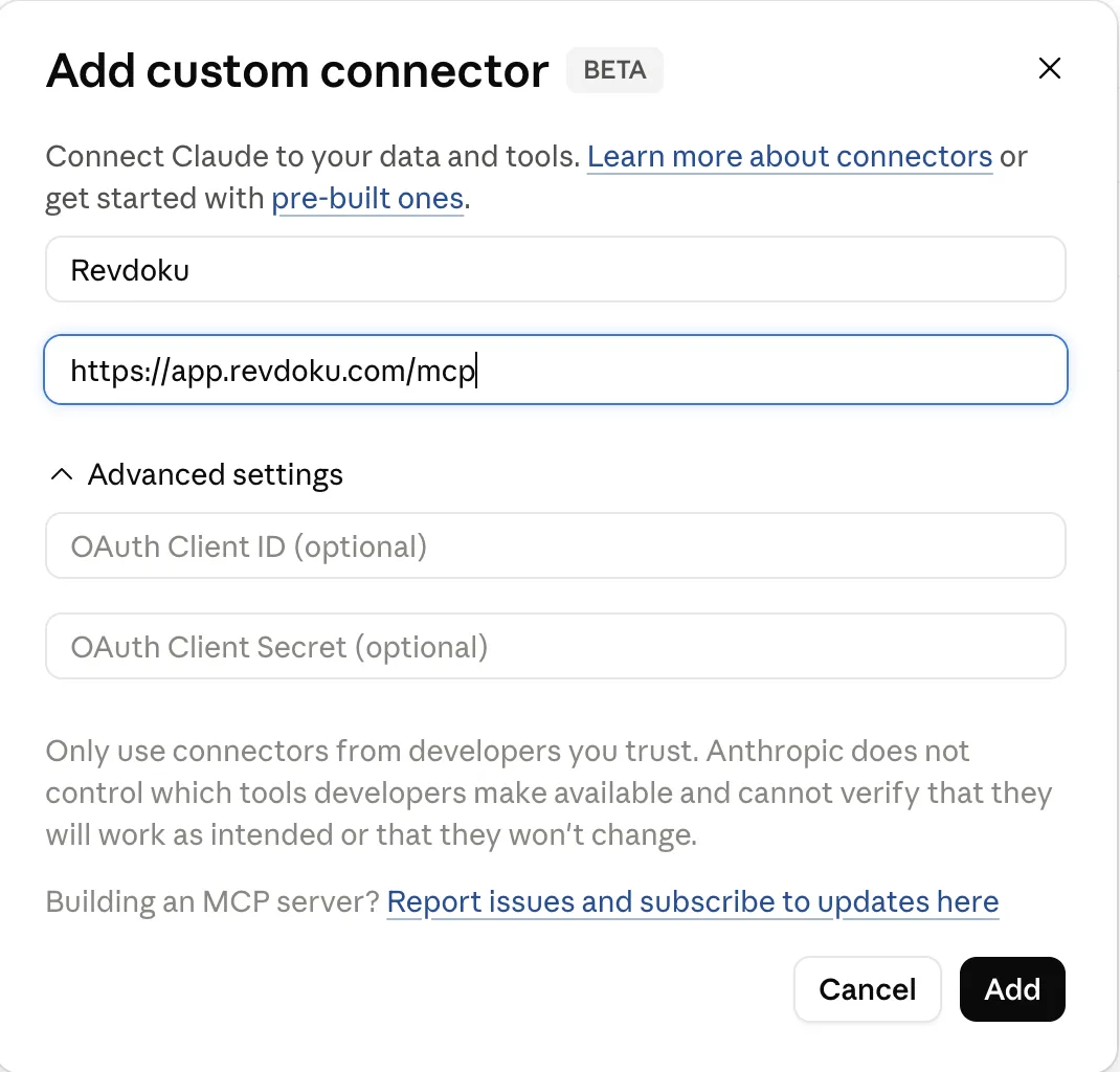 Enter the Revdoku name and MCP server URL