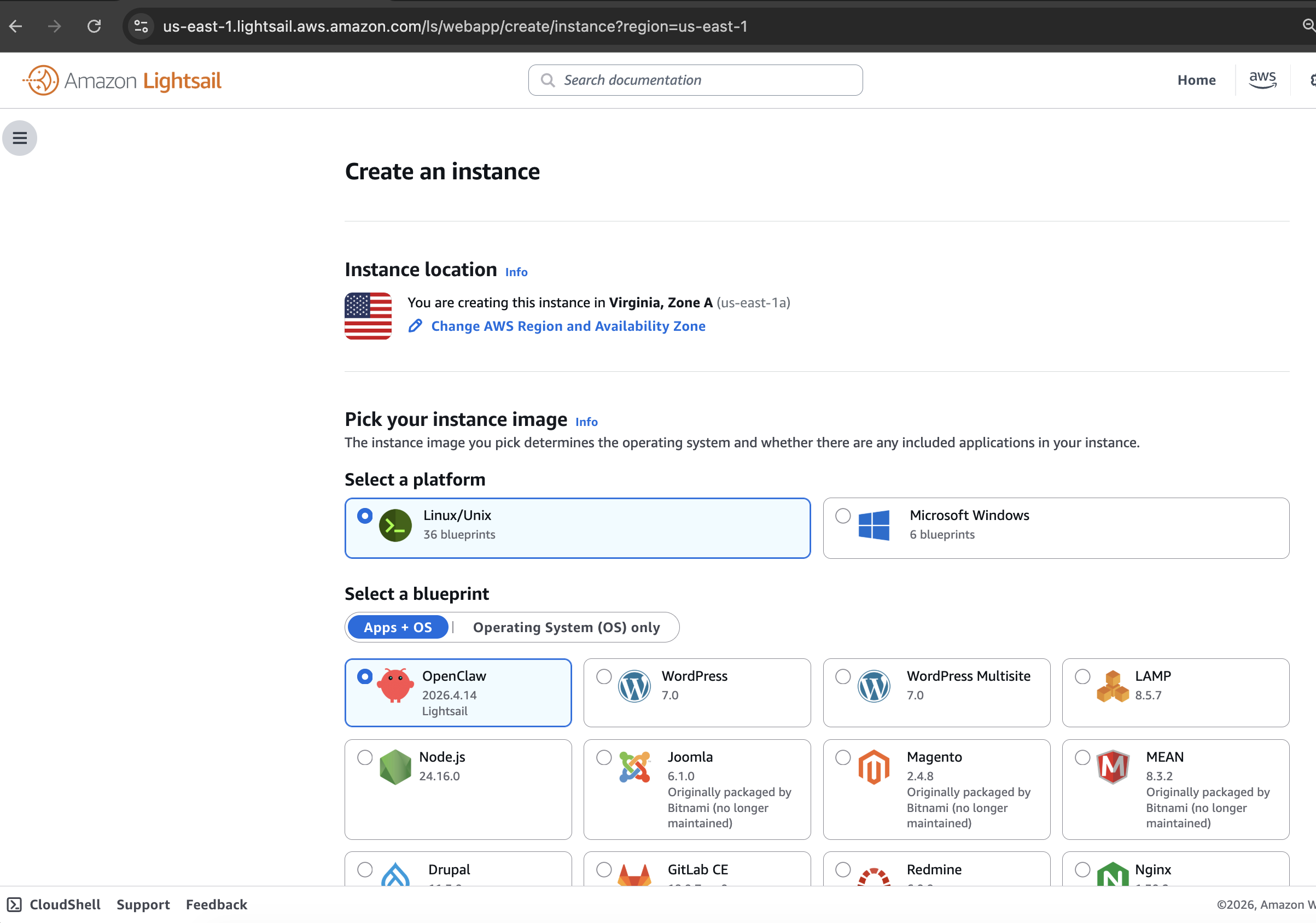 AWS Lightsail instance creation screen
