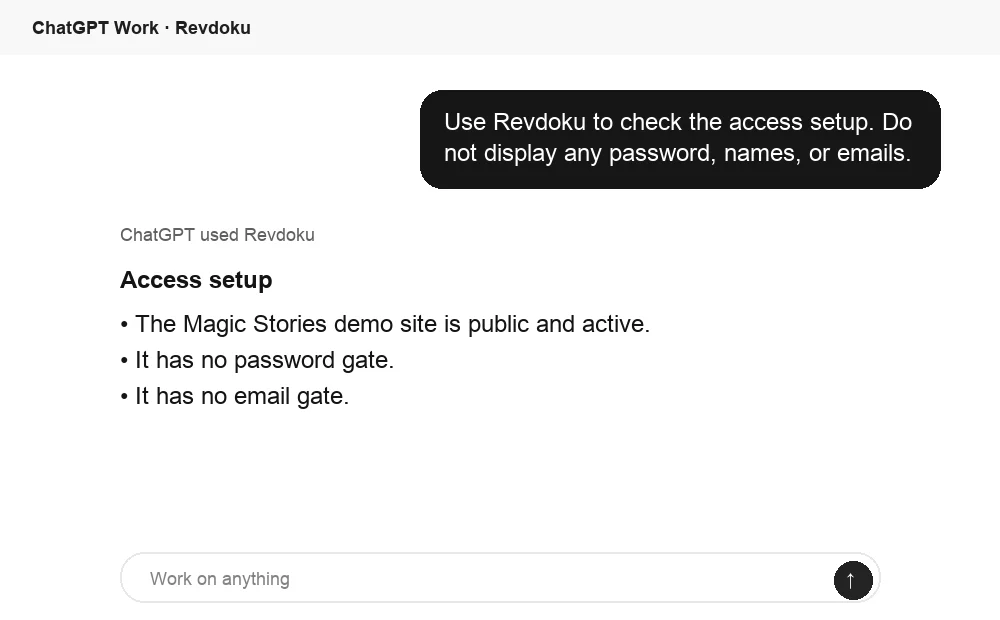 ChatGPT checks Revdoku access mode for a protected demo bucket