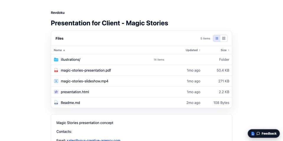 Magic Stories folder with PDF, image, video, and HTML files published as a website