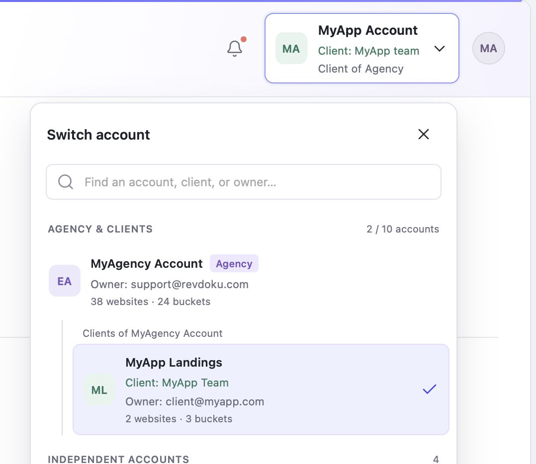 Revdoku account switcher showing an agency account and its client accounts with their websites and files