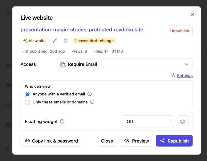 Revdoku publishing controls with Require Email selected